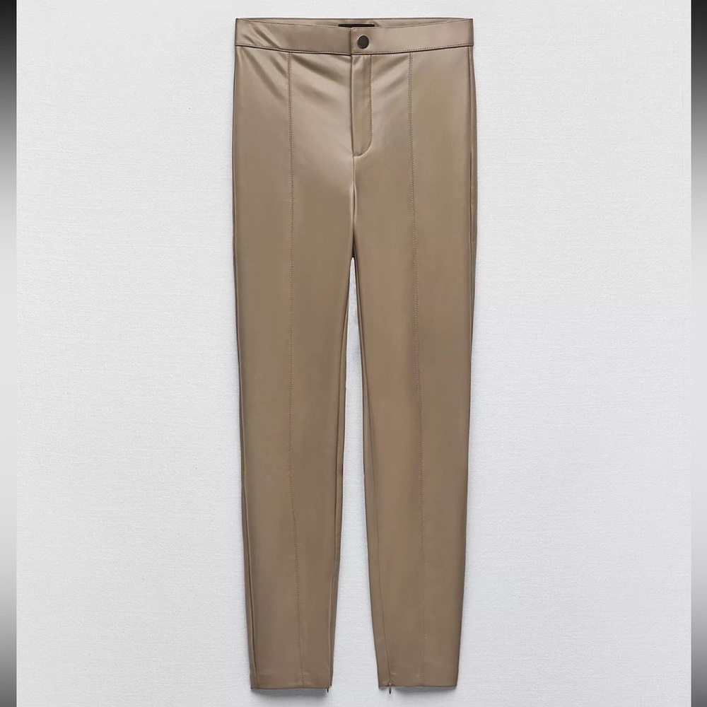 NWT Zara’s Women’s Tan Faux Leather Leggings Slim Pants Stretchy Comfortable XS
